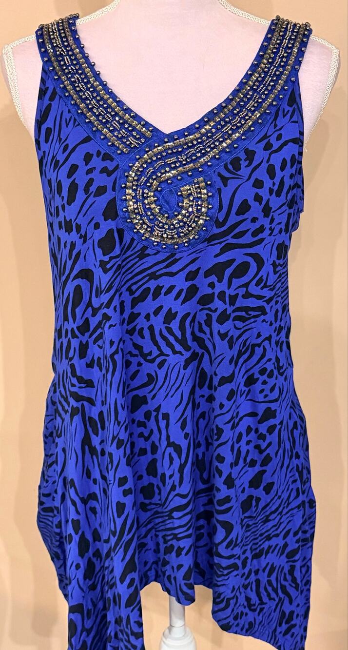 Blue Black Animal Print Beaded Neck Asymmetrical Handkerchief Tunic Size M
